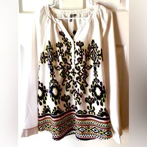 ND New Directions Black Pink Chartreuse Cream Bold Boho Print Sequined Blouse 1X